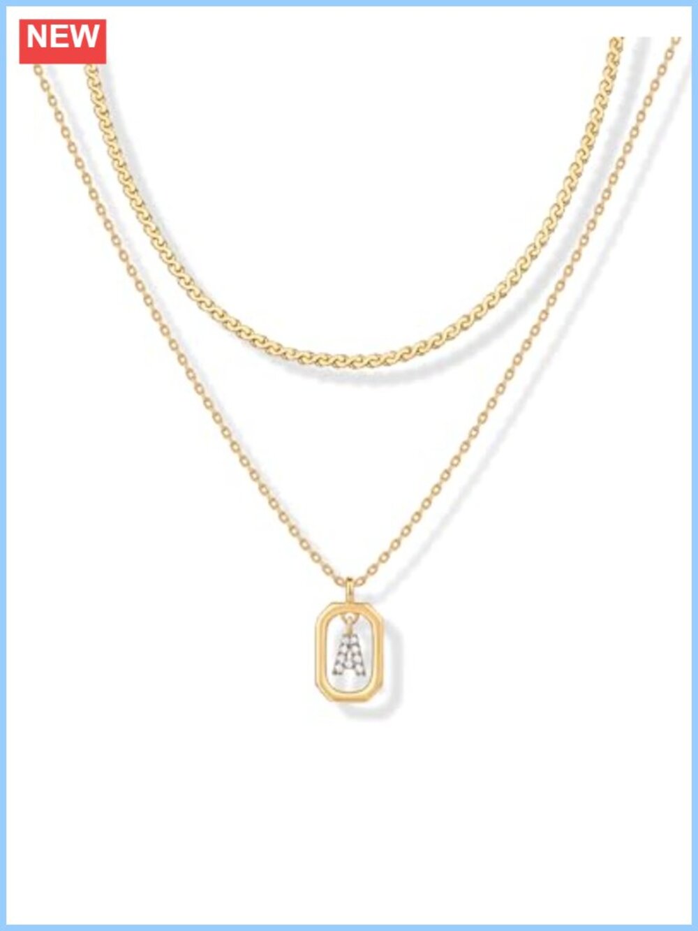 14K Gold Plated Pendant Necklace, A Initial CZ Layered Chain